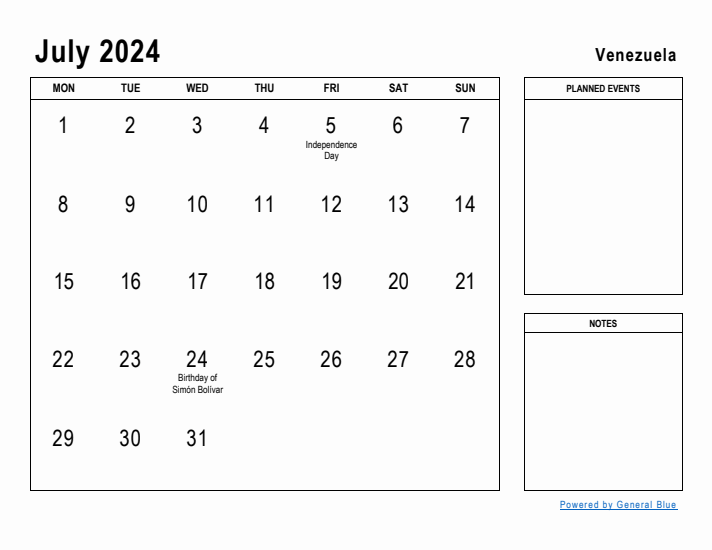 July 2024 Printable Monthly Calendar with Venezuela Holidays