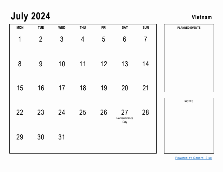 July 2024 Printable Monthly Calendar with Vietnam Holidays