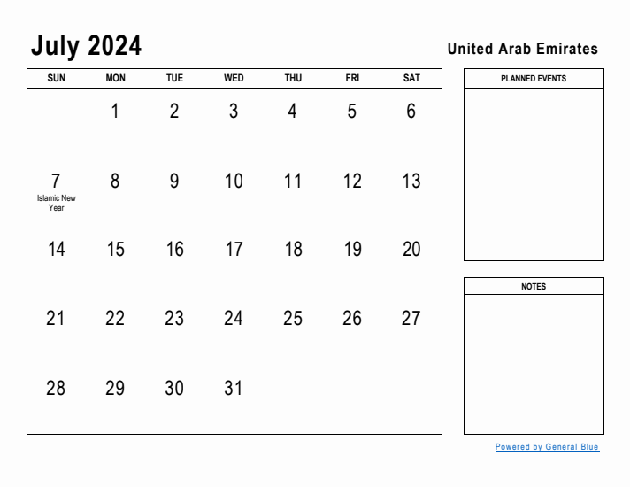 July 2024 Printable Monthly Calendar with United Arab Emirates Holidays