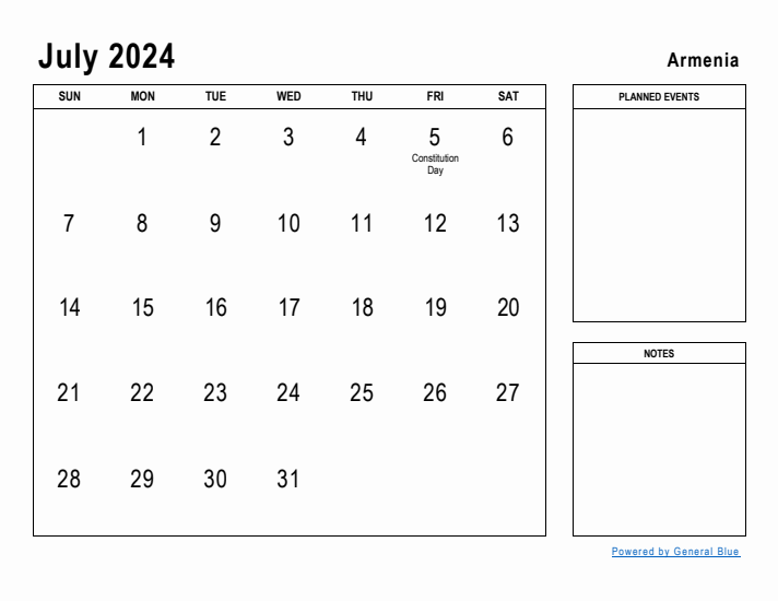 July 2024 Printable Monthly Calendar with Armenia Holidays