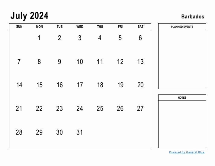 July 2024 Printable Monthly Calendar with Barbados Holidays