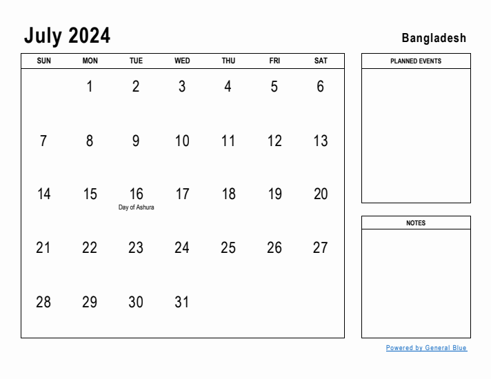 July 2024 Printable Monthly Calendar with Bangladesh Holidays