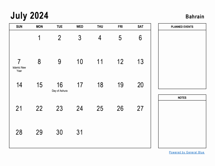 July 2024 Printable Monthly Calendar with Bahrain Holidays