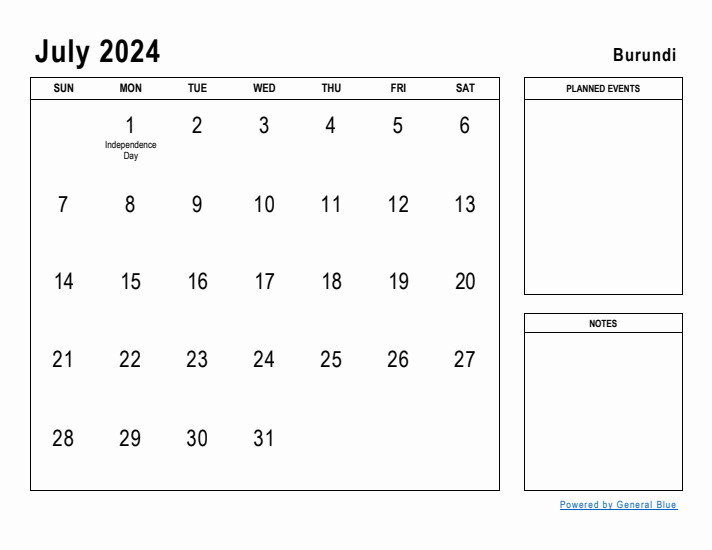 July 2024 Printable Monthly Calendar with Burundi Holidays