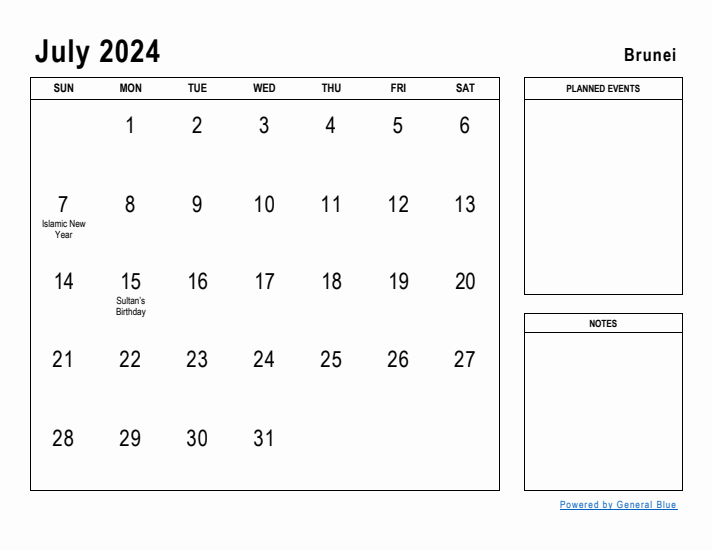 July 2024 Printable Monthly Calendar with Brunei Holidays