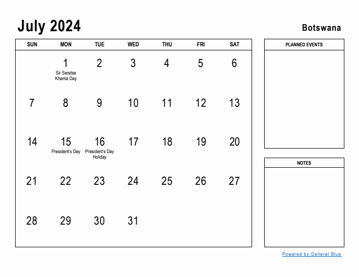 July 2024 Printable Monthly Calendar with Botswana Holidays