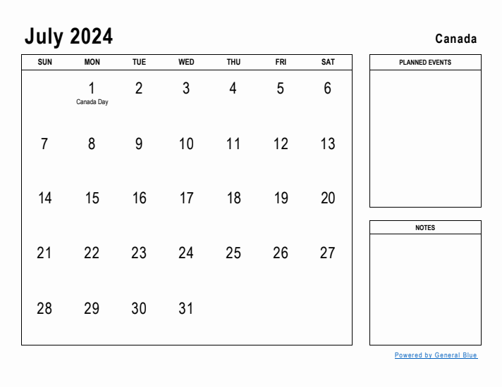 July 2024 Printable Monthly Calendar with Canada Holidays