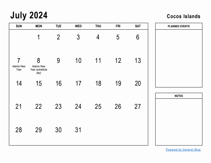 July 2024 Printable Monthly Calendar with Cocos Islands Holidays