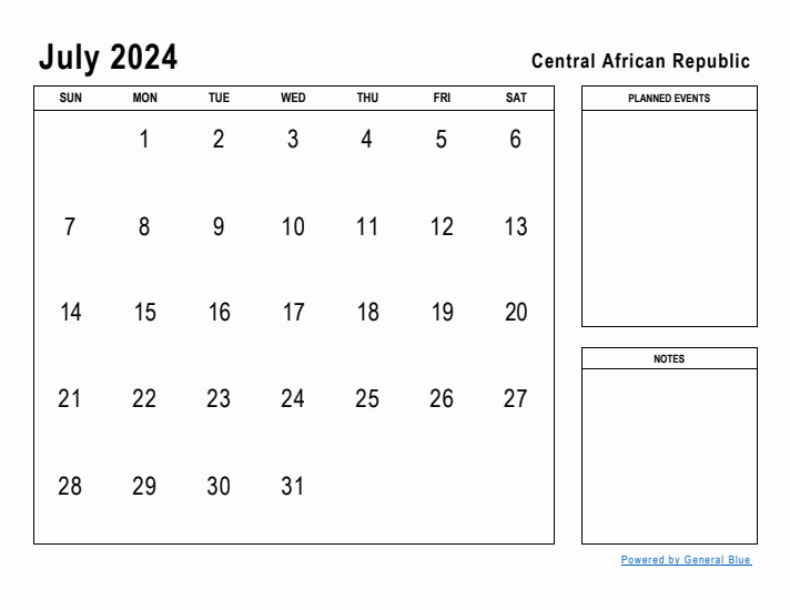 July 2024 Printable Monthly Calendar with Central African Republic Holidays