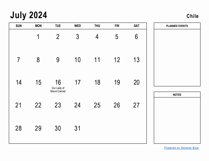 July 2024 Printable Monthly Calendar with Chile Holidays