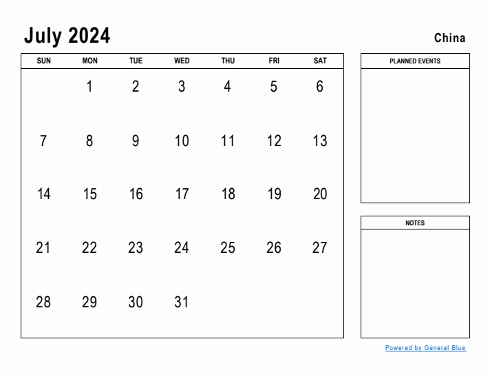 July 2024 Printable Monthly Calendar with China Holidays