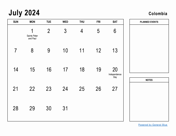 July 2024 Printable Monthly Calendar with Colombia Holidays