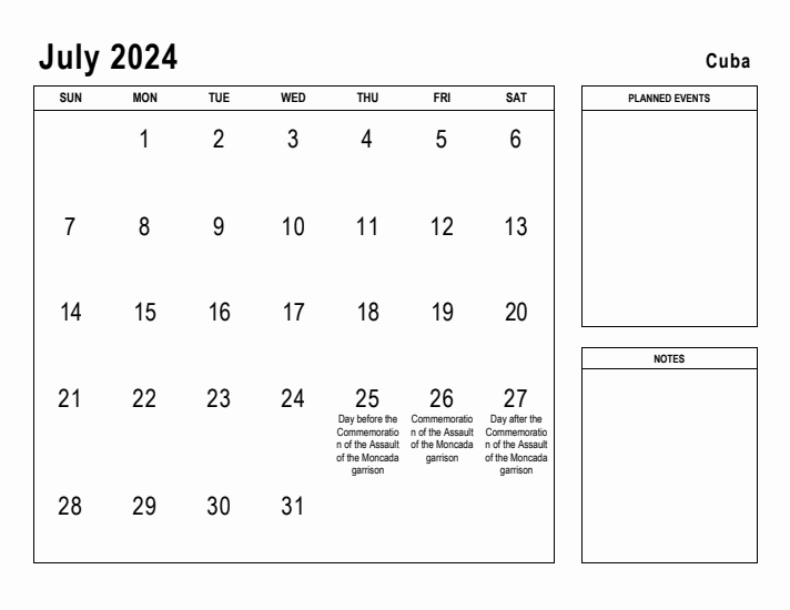 July 2024 Printable Monthly Calendar with Cuba Holidays