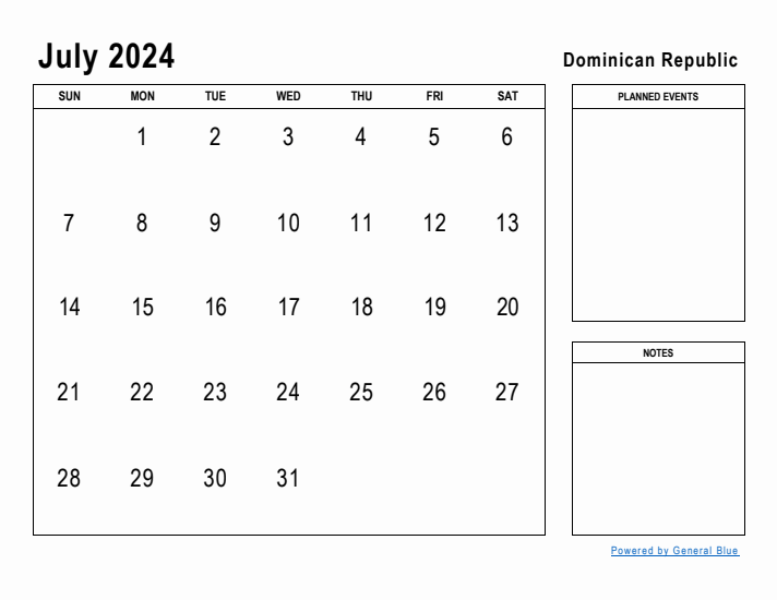 July 2024 Printable Monthly Calendar with Dominican Republic Holidays