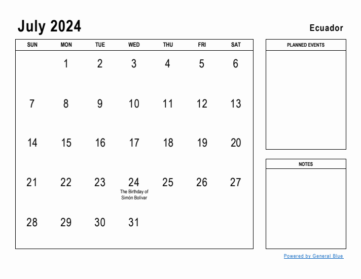 July 2024 Printable Monthly Calendar with Ecuador Holidays