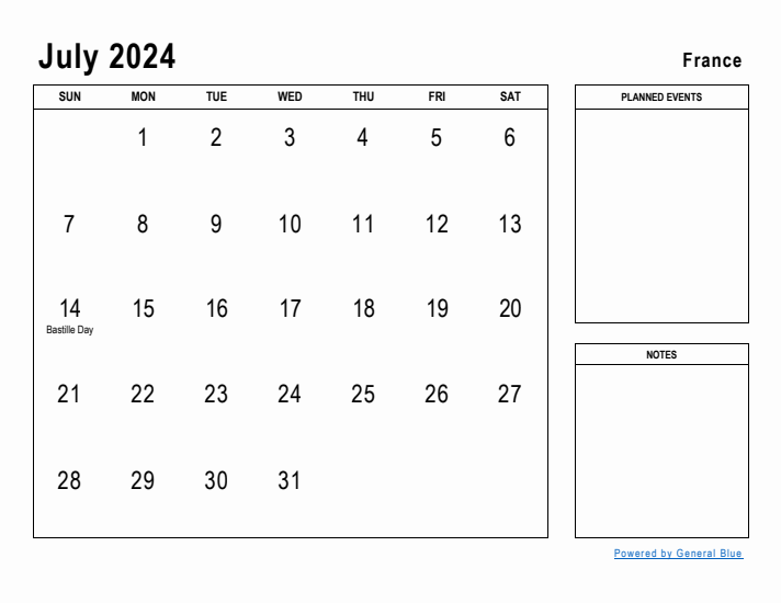 July 2024 Printable Monthly Calendar with France Holidays