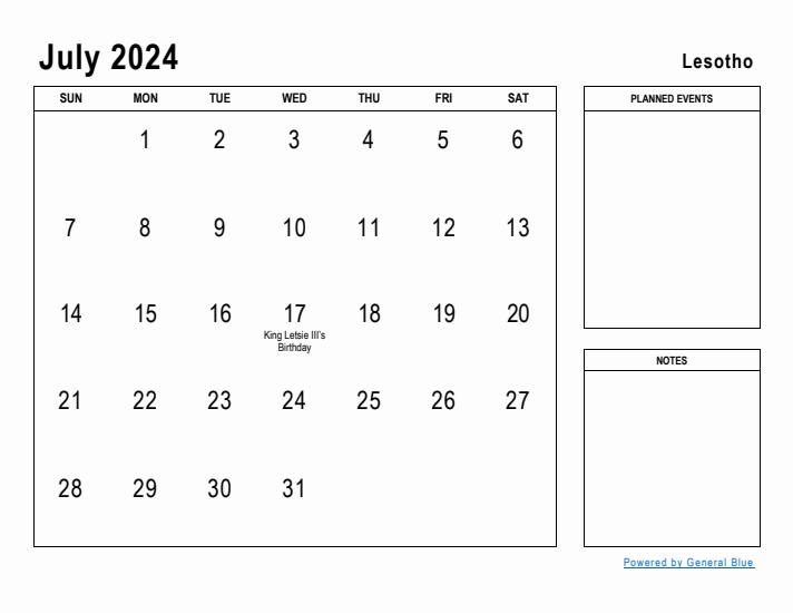 July 2024 Printable Monthly Calendar with Lesotho Holidays