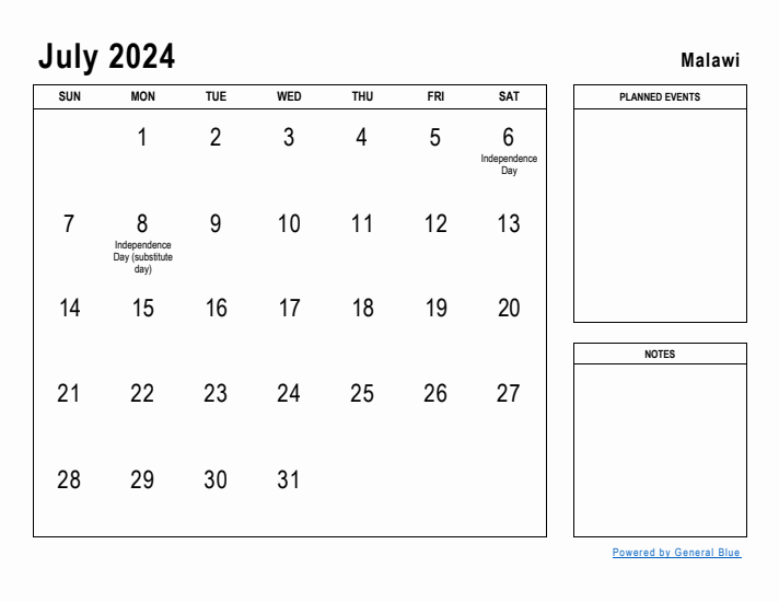 July 2024 Printable Monthly Calendar with Malawi Holidays