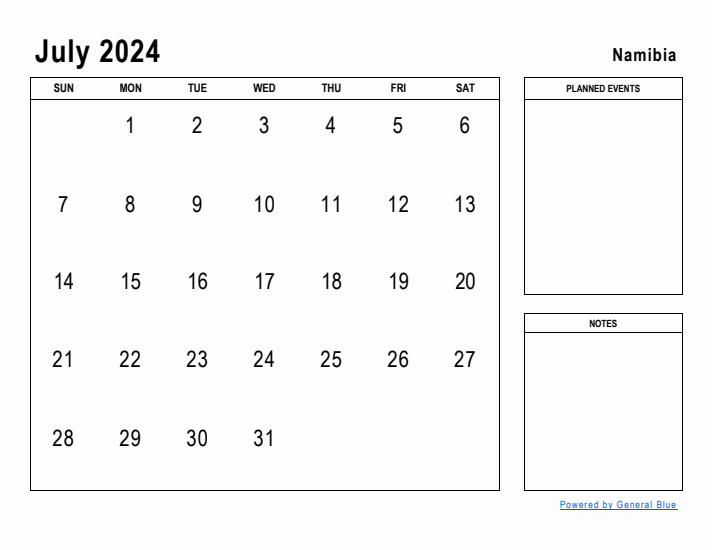 July 2024 Printable Monthly Calendar with Namibia Holidays