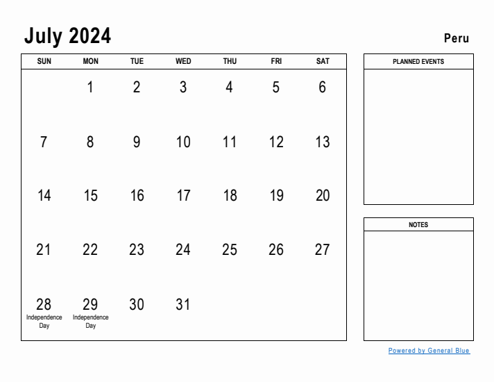 July 2024 Printable Monthly Calendar with Peru Holidays