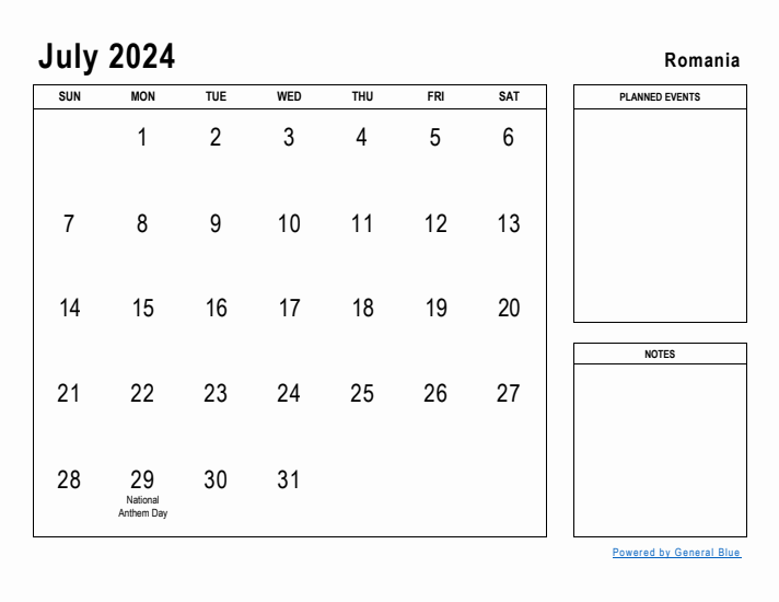 July 2024 Printable Monthly Calendar with Romania Holidays