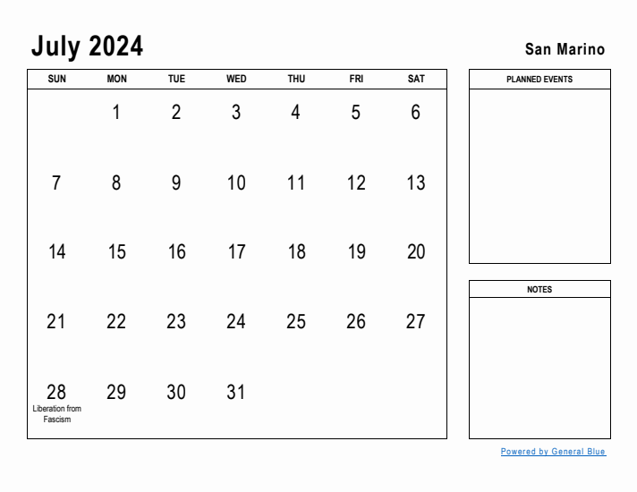 July 2024 Printable Monthly Calendar with San Marino Holidays