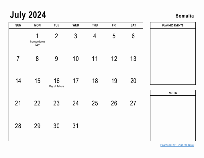 July 2024 Printable Monthly Calendar with Somalia Holidays