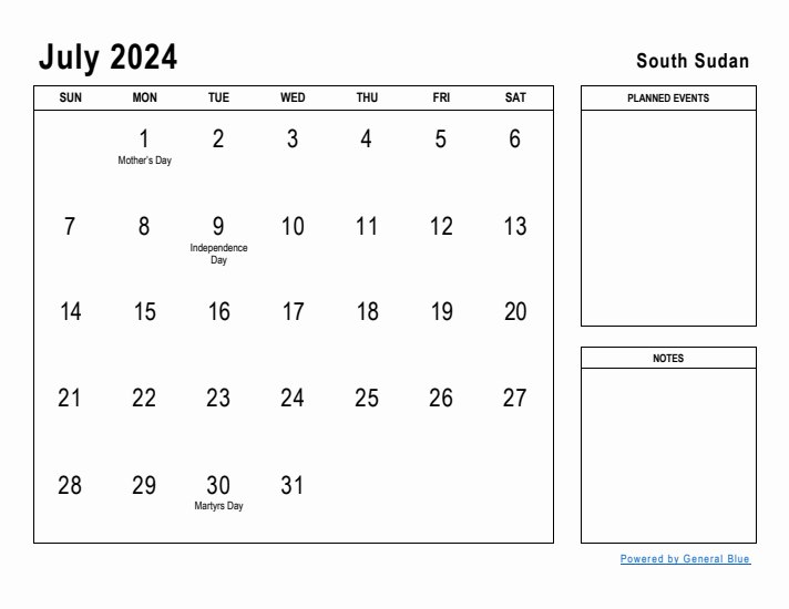 July 2024 Printable Monthly Calendar with South Sudan Holidays