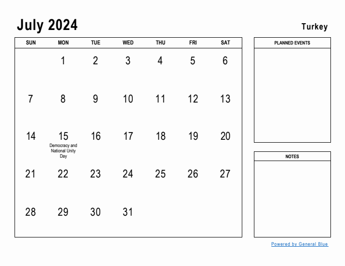 July 2024 Printable Monthly Calendar with Turkey Holidays