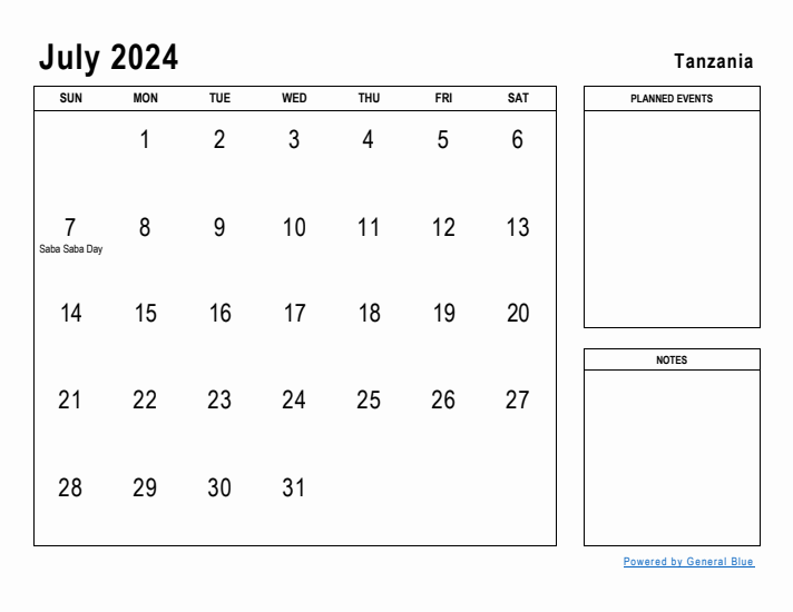 July 2024 Printable Monthly Calendar with Tanzania Holidays