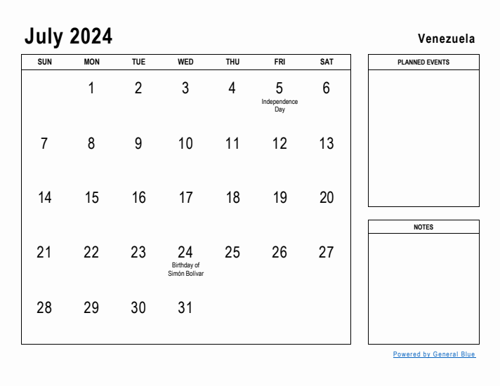 July 2024 Printable Monthly Calendar with Venezuela Holidays