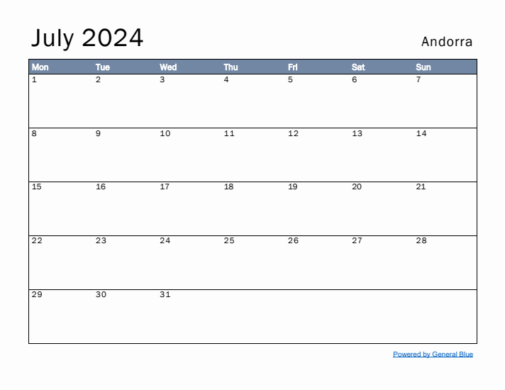 July 2024 Simple Monthly Calendar for Andorra