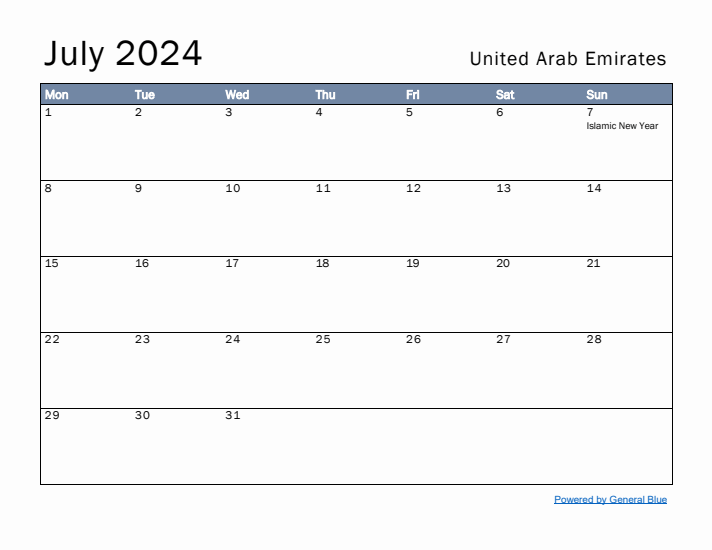 July 2024 Simple Monthly Calendar for United Arab Emirates