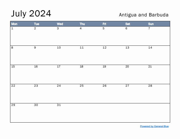 July 2024 Simple Monthly Calendar for Antigua and Barbuda