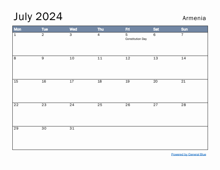 July 2024 Simple Monthly Calendar for Armenia