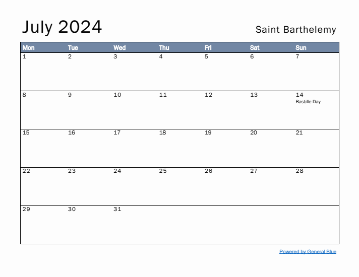 July 2024 Simple Monthly Calendar for Saint Barthelemy