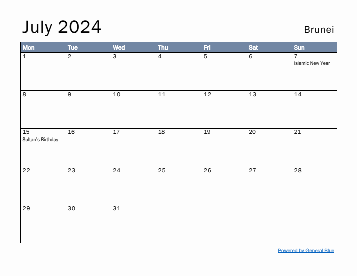 July 2024 Simple Monthly Calendar for Brunei