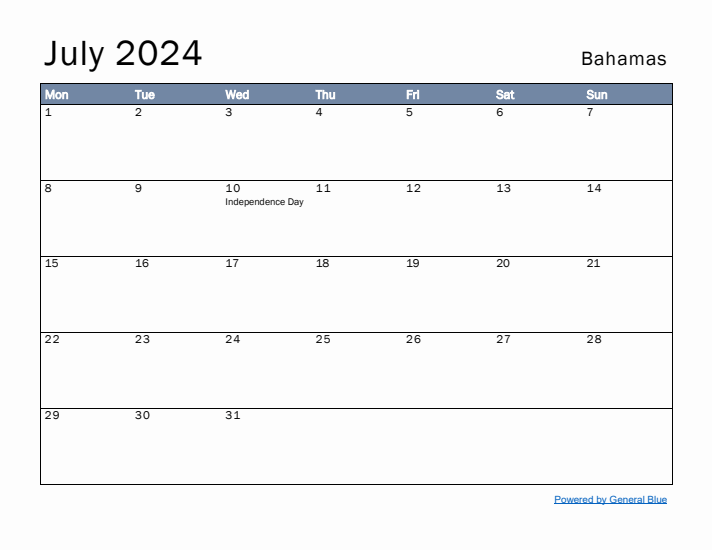 July 2024 Simple Monthly Calendar for Bahamas