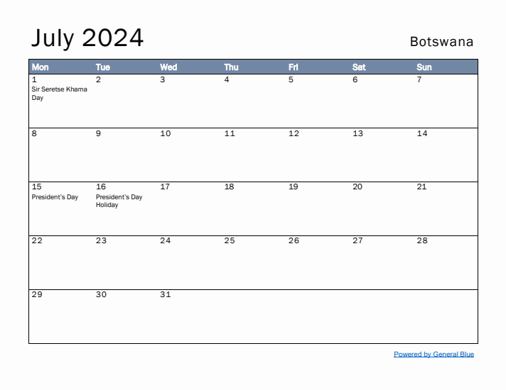 July 2024 Simple Monthly Calendar for Botswana