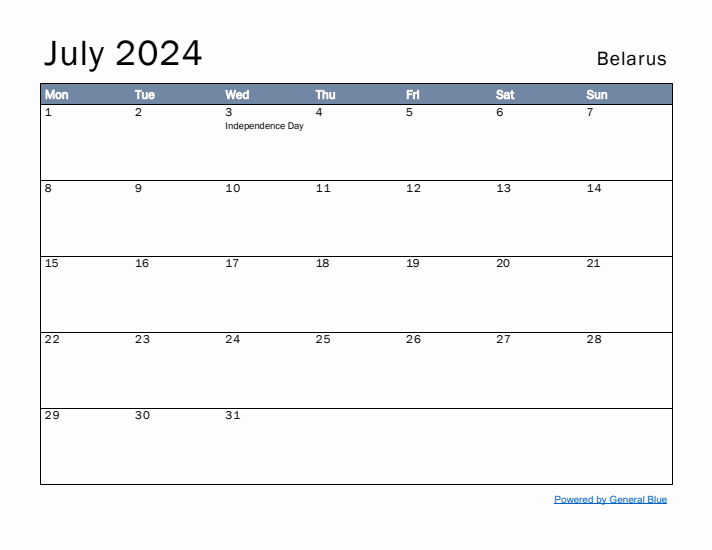 July 2024 Simple Monthly Calendar for Belarus