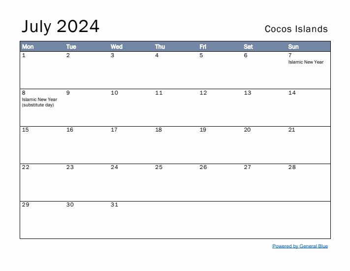 July 2024 Simple Monthly Calendar for Cocos Islands