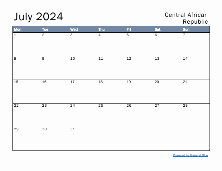 July 2024 Simple Monthly Calendar for Central African Republic