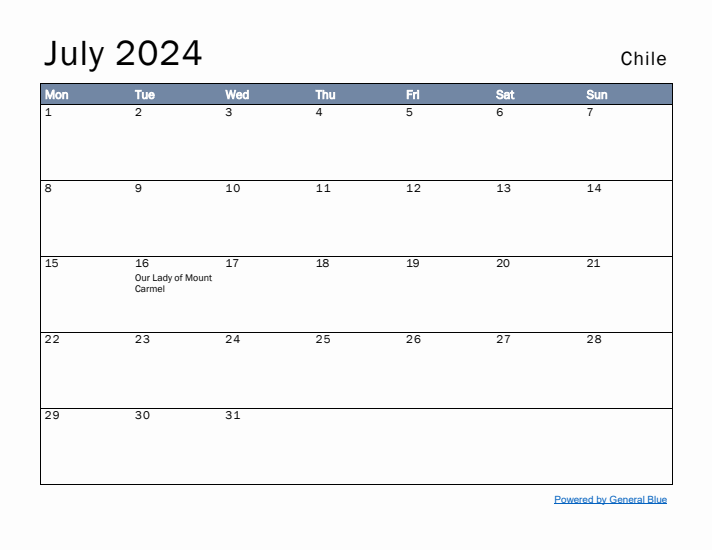 July 2024 Simple Monthly Calendar for Chile