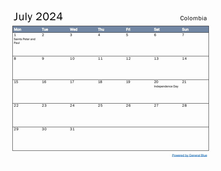 July 2024 Simple Monthly Calendar for Colombia