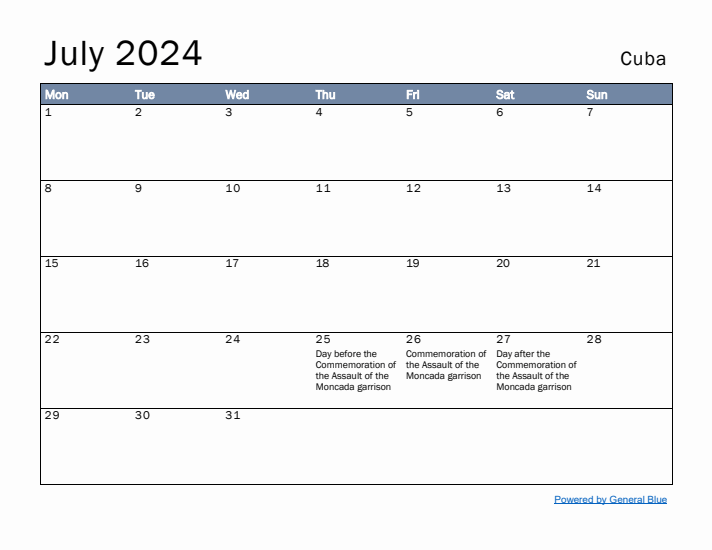 July 2024 Simple Monthly Calendar for Cuba