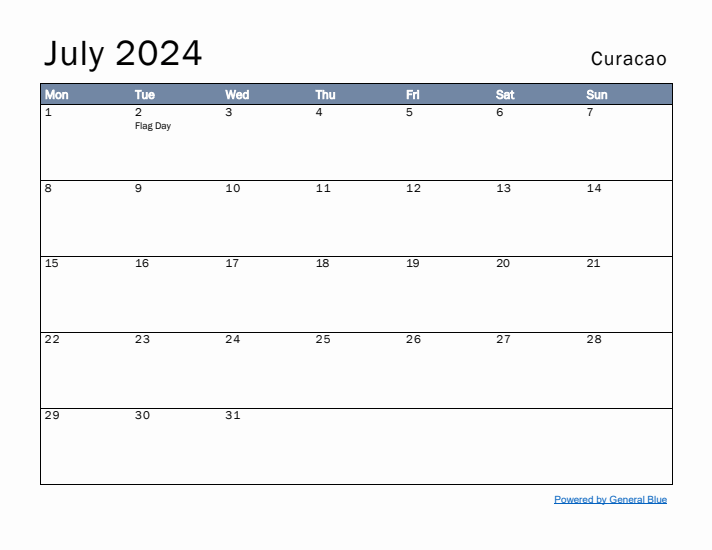 July 2024 Simple Monthly Calendar for Curacao