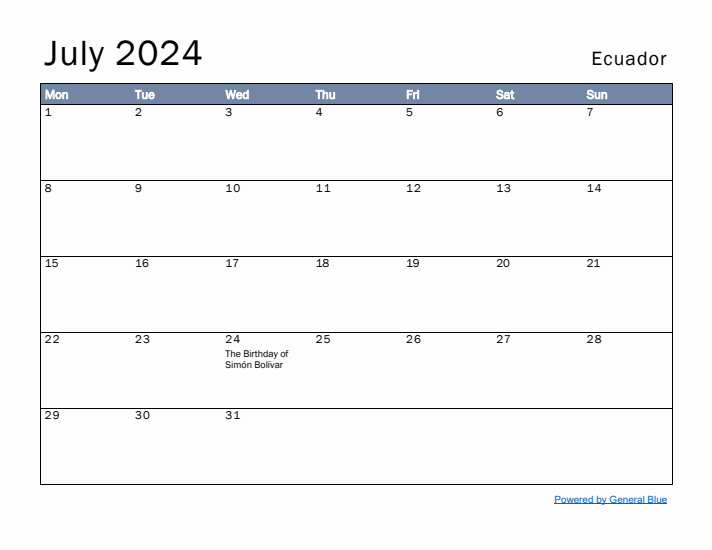 July 2024 Simple Monthly Calendar for Ecuador