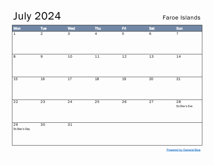 July 2024 Simple Monthly Calendar for Faroe Islands