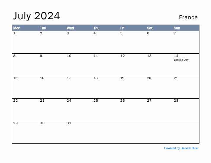 July 2024 Simple Monthly Calendar for France