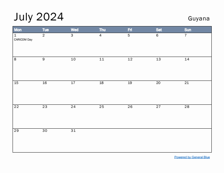 July 2024 Simple Monthly Calendar for Guyana